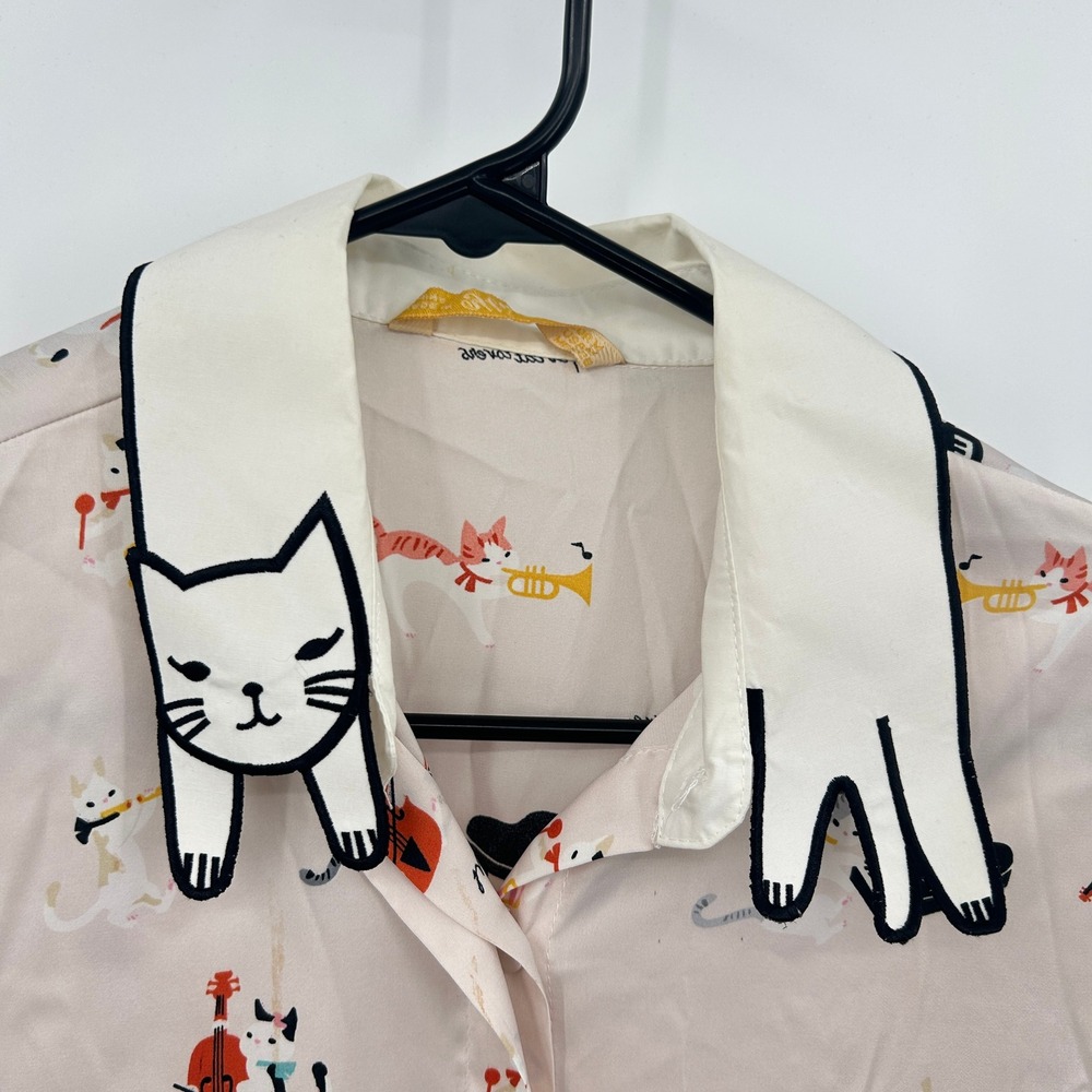 Miss Patina Musical Cat Print Novelty Collar Blouse M Pink Twee Kawaii Whimsical - Picture 3 of 9